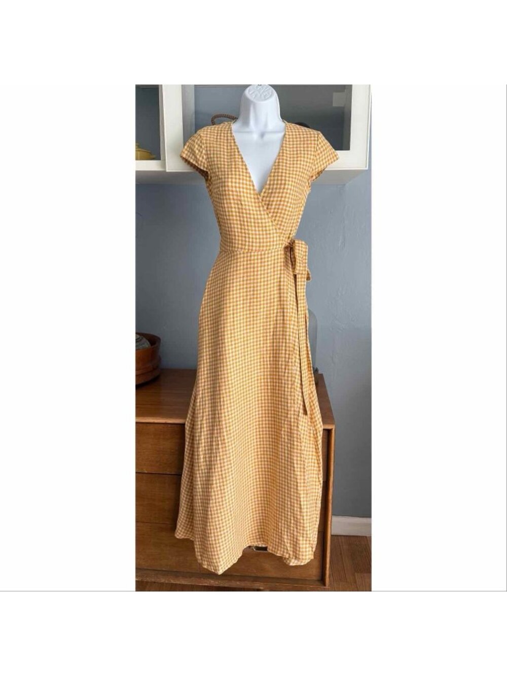 & Other Stories Gingham Check Linen Maxi Midi Wrap Dress Mustard Yellow White - Picture 2 of 10